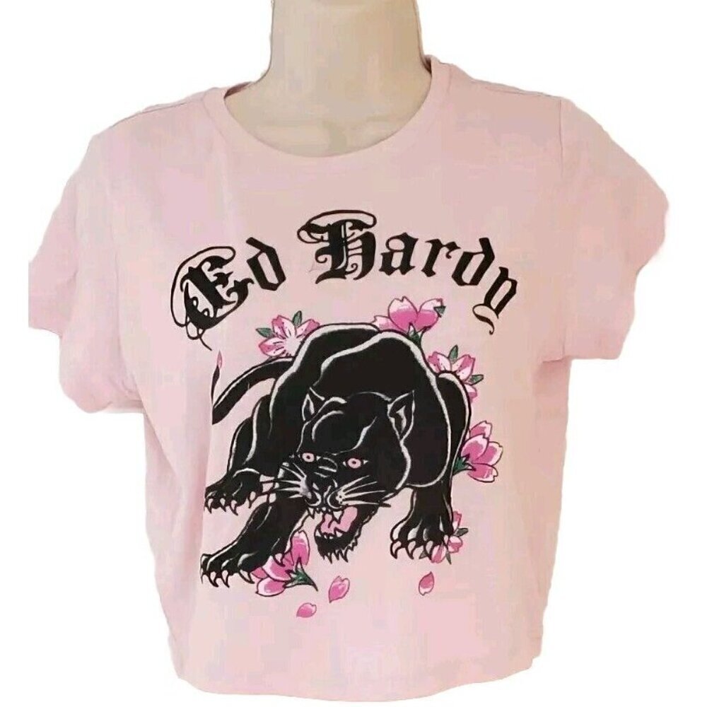 NWT ED HARDY CROPPED BLACK PANTHER PINK CANDY TSHIRT SZ LARGE